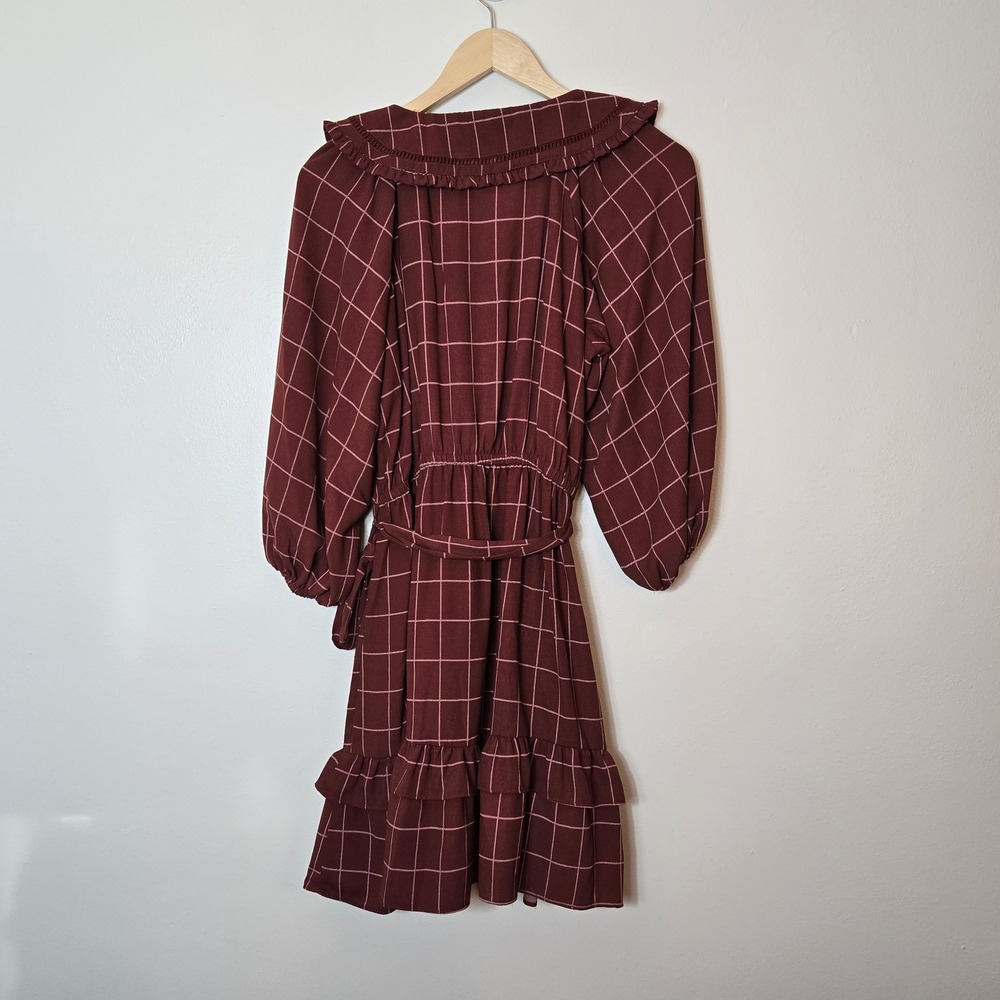 LC‎ Lauren Conrad Burgundy Grid Peter Pan Collar Balloon Sleeve Tiered Dress M - Picture 3 of 6